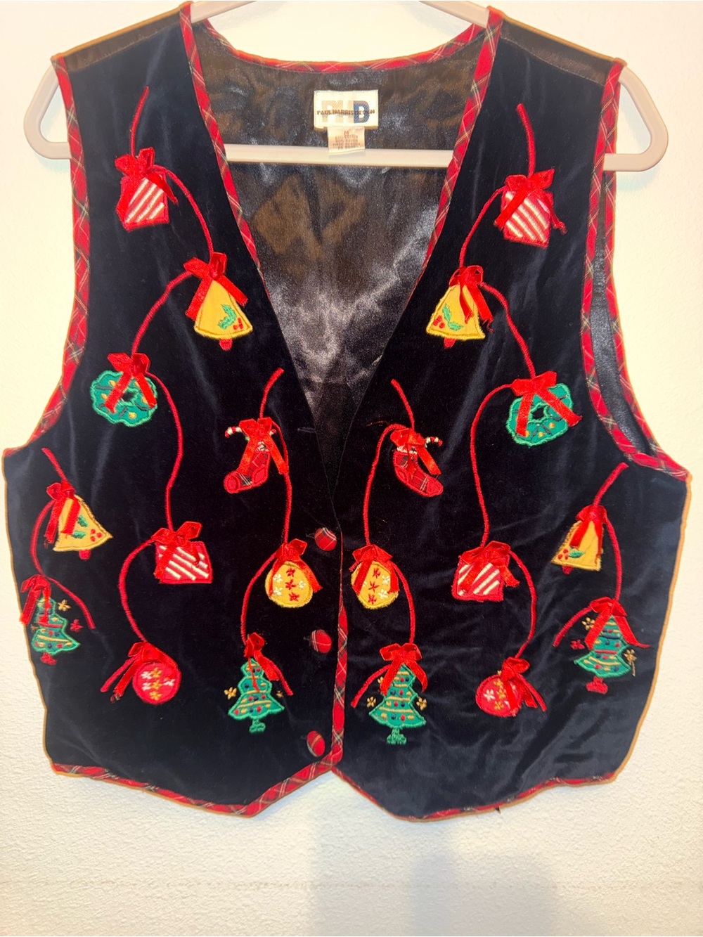 Embroidered Holiday Velvet Vest - Black with Red & Green Accents